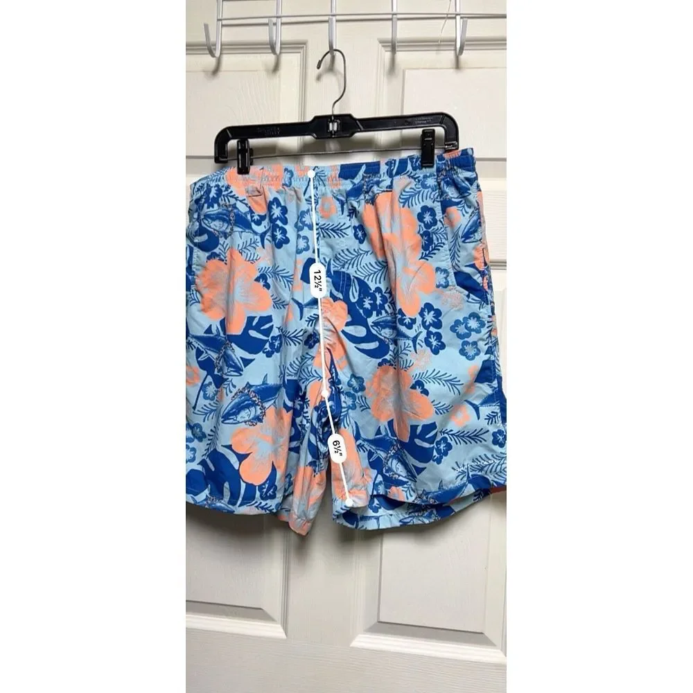 Columbia PFG Mens Large Blue Orange Floral Marlin Swim Trunks‎ Fishing Shorts